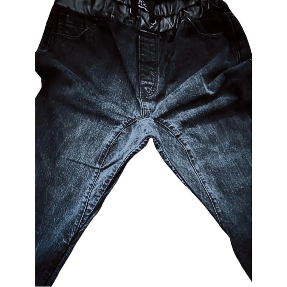PD&C‎ Mens Dark Denim Black Faux Leather Jeans Joggers Streetwear Casual